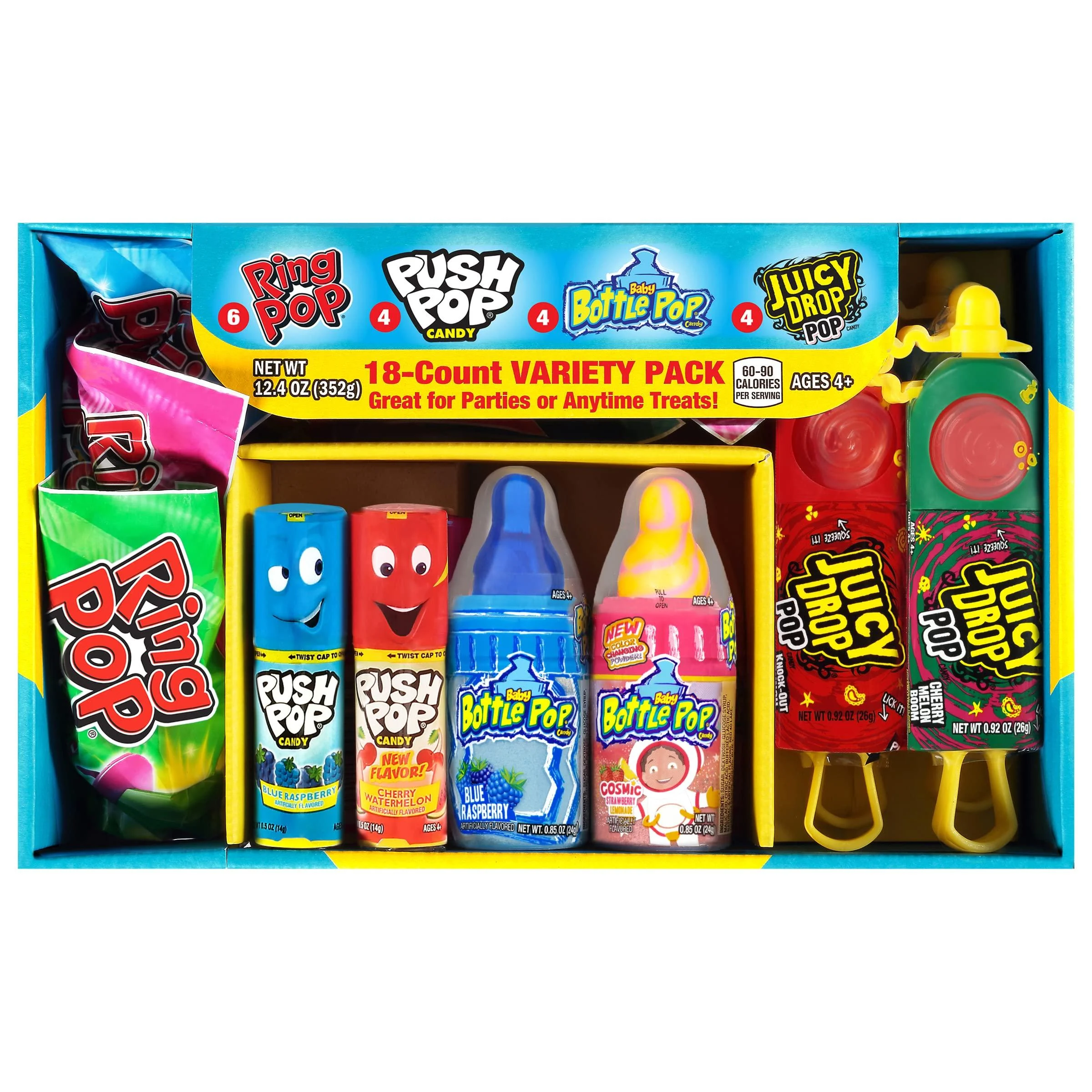 Bazooka Candy Brands Halloween Candy Box - 18 Count Lollipops W/ Assorted Flavors From Ring Pop, Push Pop, Baby Bottle Pop & Juicy Drop - Candy Gift Box For Halloween - 15.8 Ounce (Pack Of 1) Lollipop Variety Box - 18 Ct