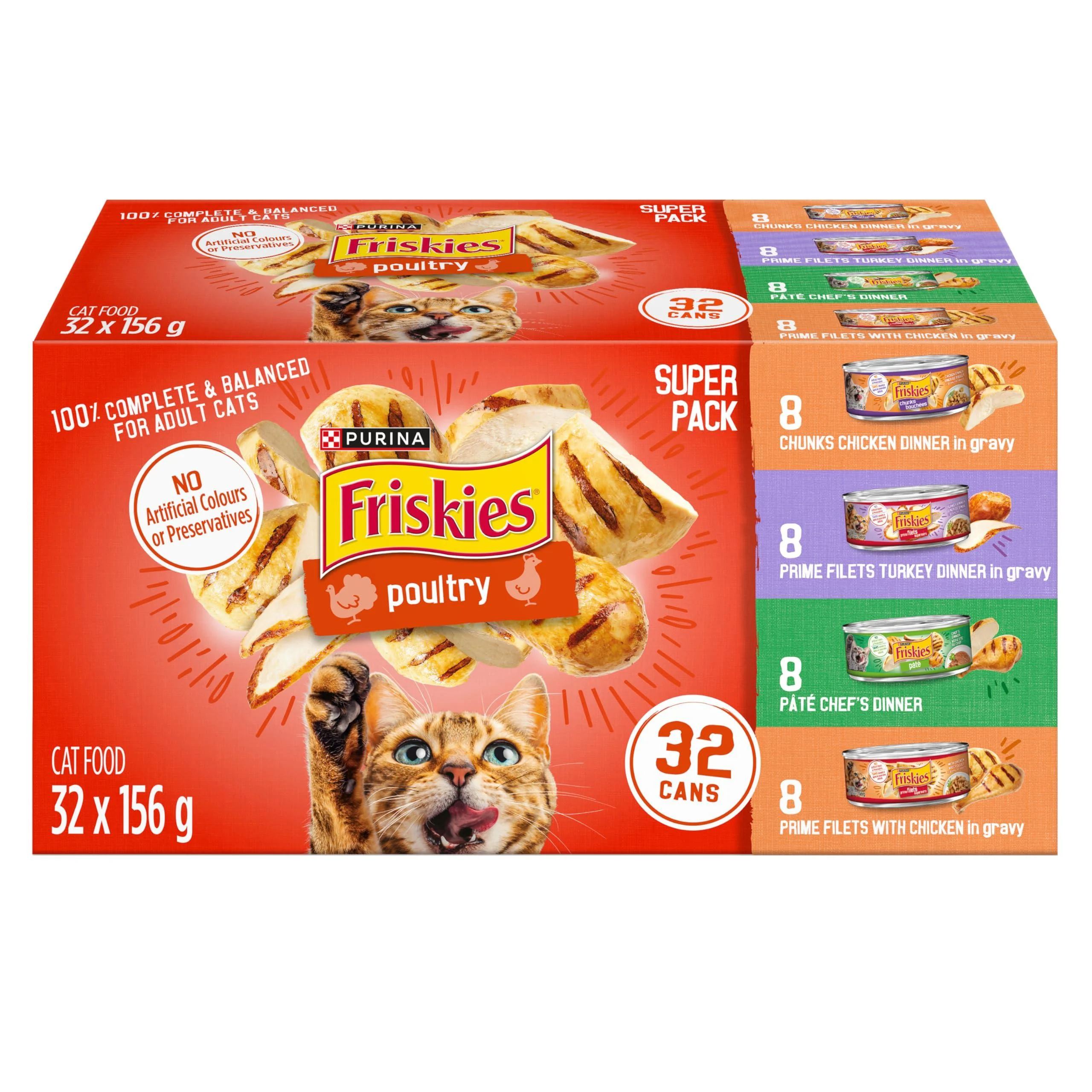 Friskies Poultry Wet Cat Food Variety Pack 4 Flavours - 156 g Can (32 Pack)
