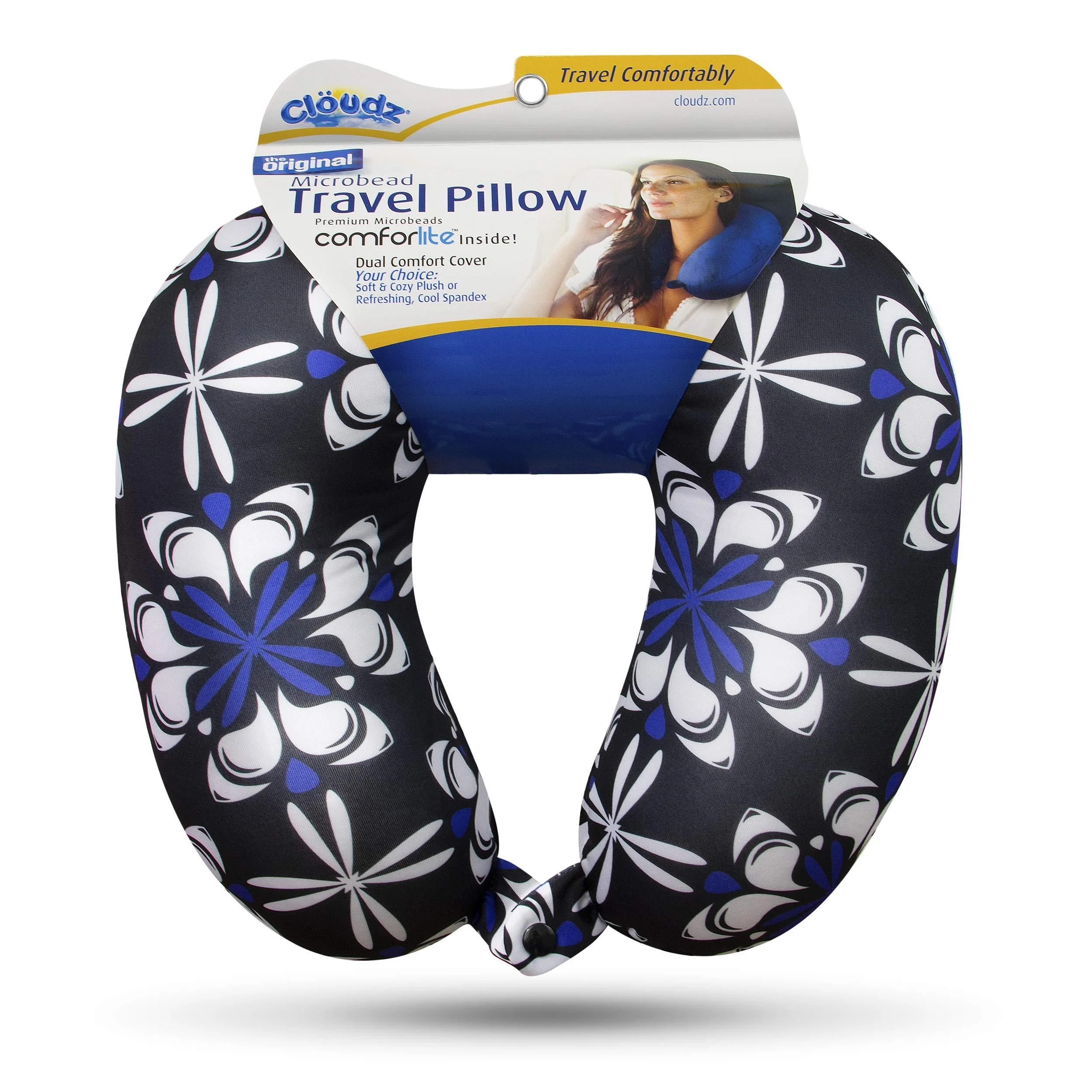 Cloudz Patterned Microbead Travel Neck Pillows - Black Purple & White Floral