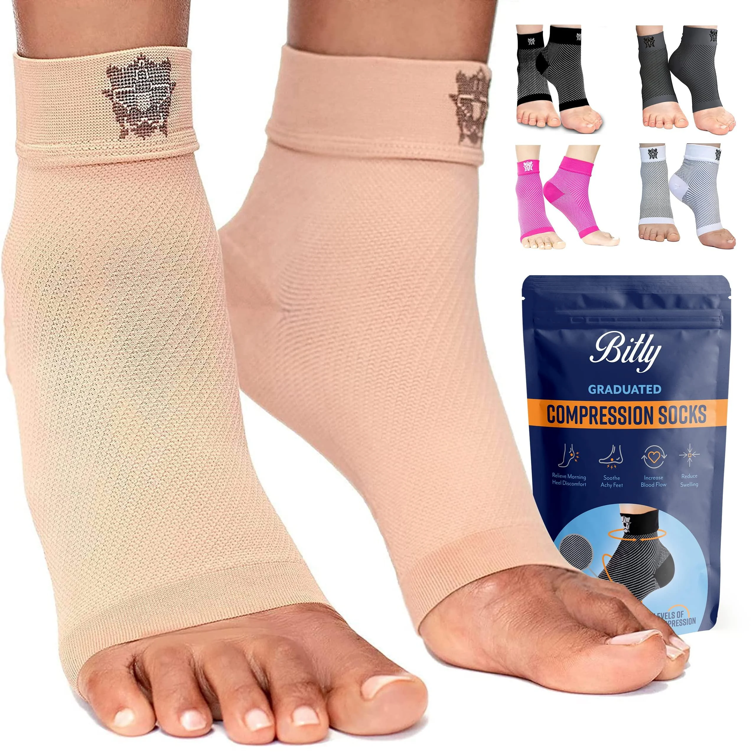 Bitly Plantar Fasciitis Socks - Comfortable Toeless Compression Socks for Foot & Heel Support - Premium Ankle Support Brace to Improve Circulation Large Beige