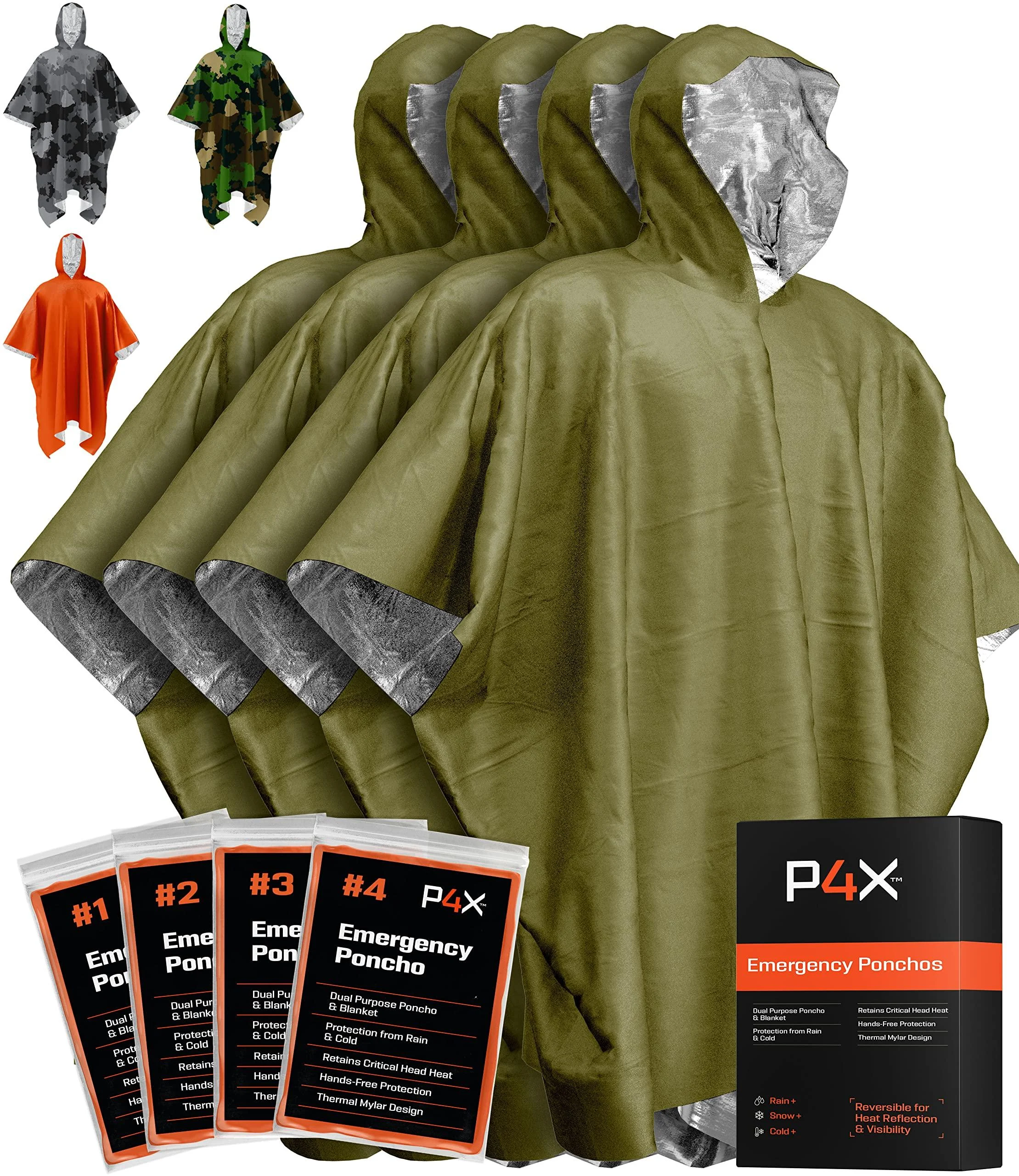 PREPARED4X Emergency Rain Poncho with Mylar Blanket Liner - Survival Blankets for Car - Heavy Duty, Waterproof Camping Gear, Tactical Prepper Supplies Green 4-pack