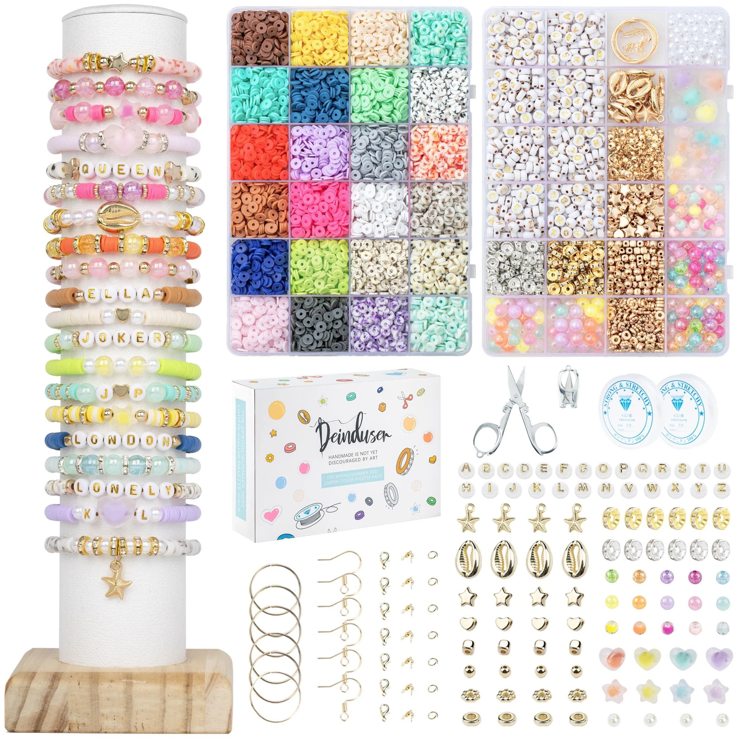 Deinduser Clay Beads 2 Boxes Bracelet Making Kit - 24 Colors Polymer Clay Beads for Bracelets Making - Jewelry Making kit with Gift Pack - Bracelet Making Kit for Girls - Heishi Disc Beads