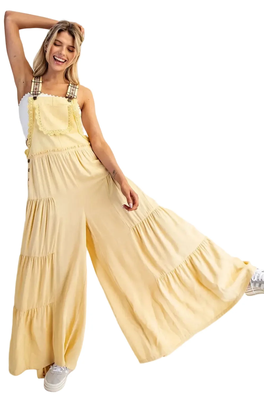 Lace Trim Tiered Wide Legged Overalls - EE:SOME