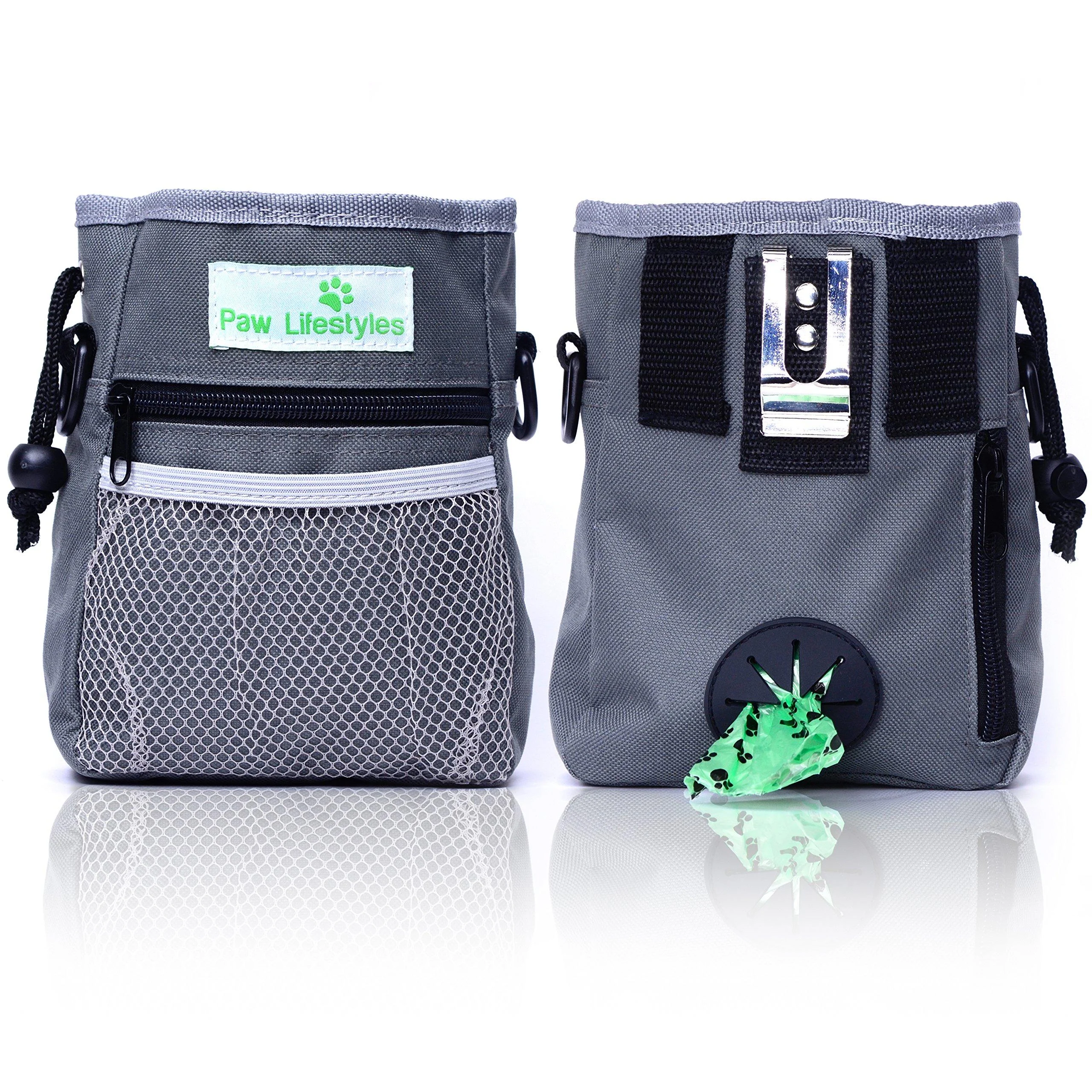 Paw Lifestyles Dog Treat Training Pouch Easily Carries Pet Toys, Kibble, Treats Built-In Poop Bag Dispenser 3 Ways To Wear Grey