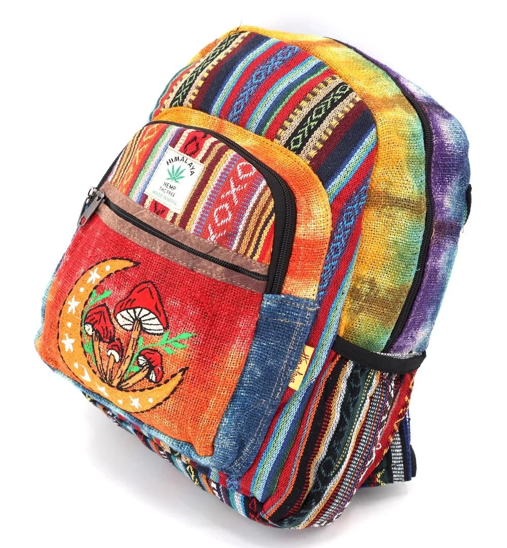 Tie Dyed Hemp Embroidered Moon Mushroom Mini Backpack - HIMALAYA HANDMADE LLC