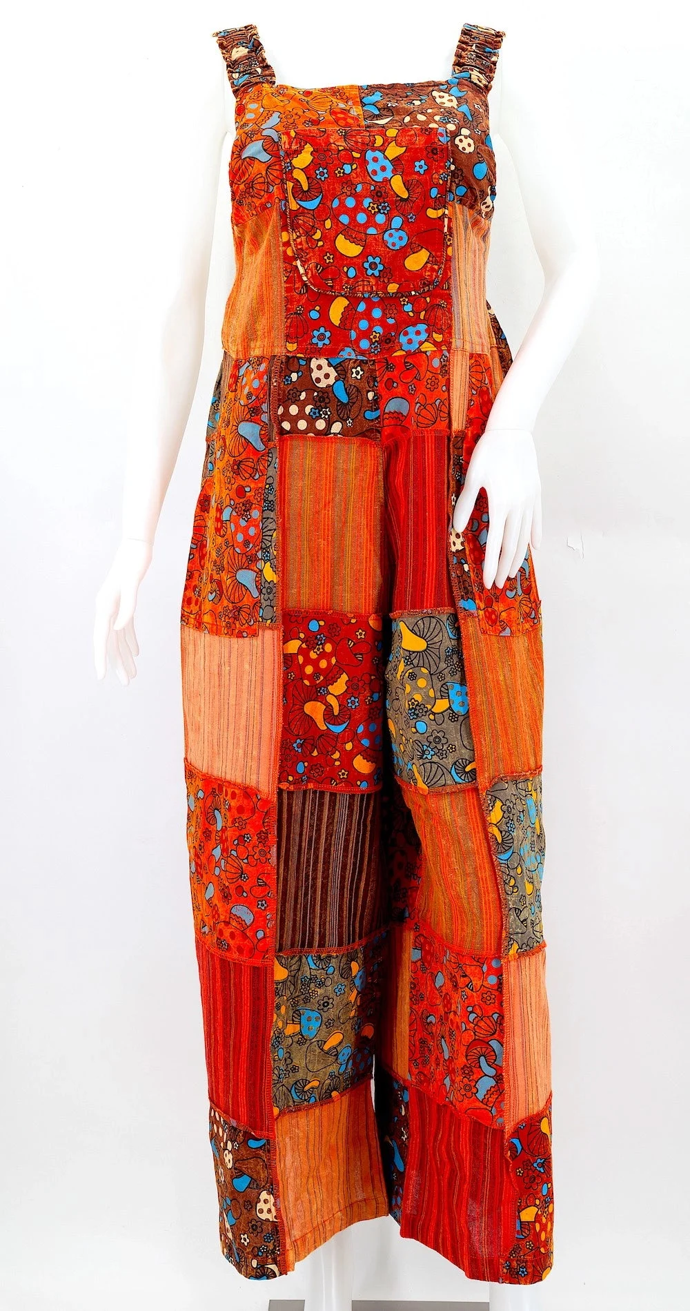 Mushroom Pattern Patchwork Overalls in Orange - HIMALAYA HANDMADE LLC