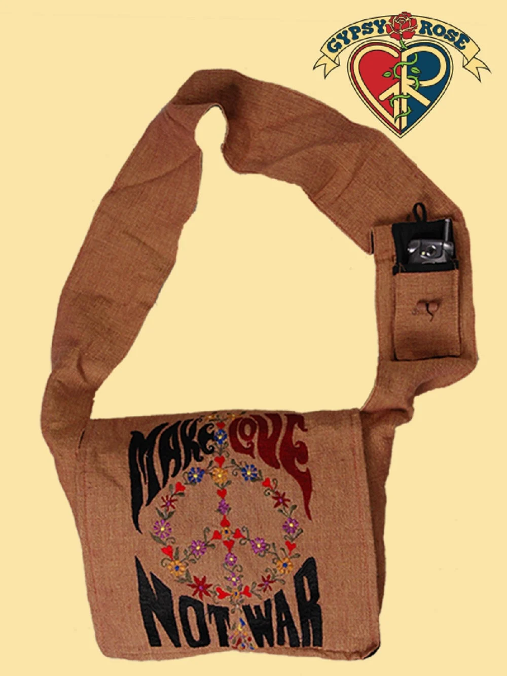 Make Love Not War Peace Embroidered Cotton Bag - Gypsy Rose