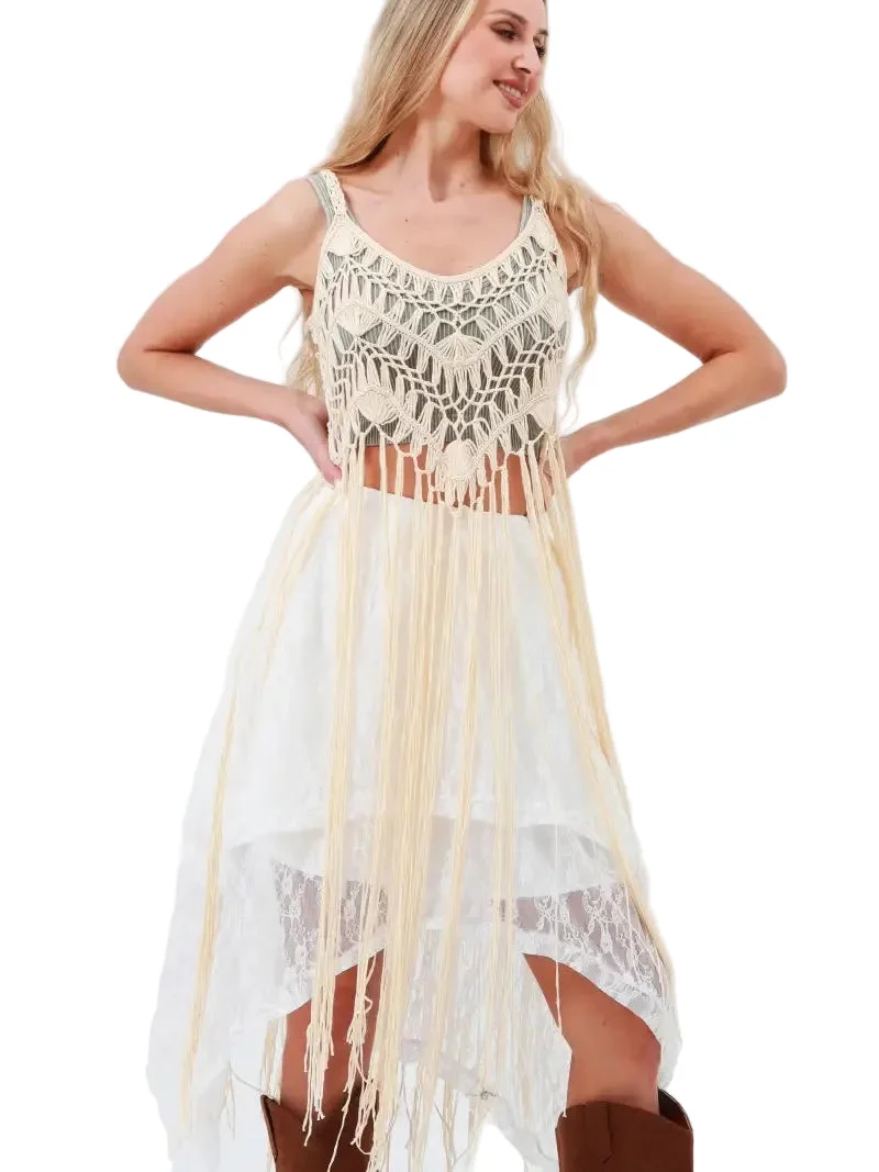 Boho Macramé Crochet Fringe Top in Cream - Leto Accessories
