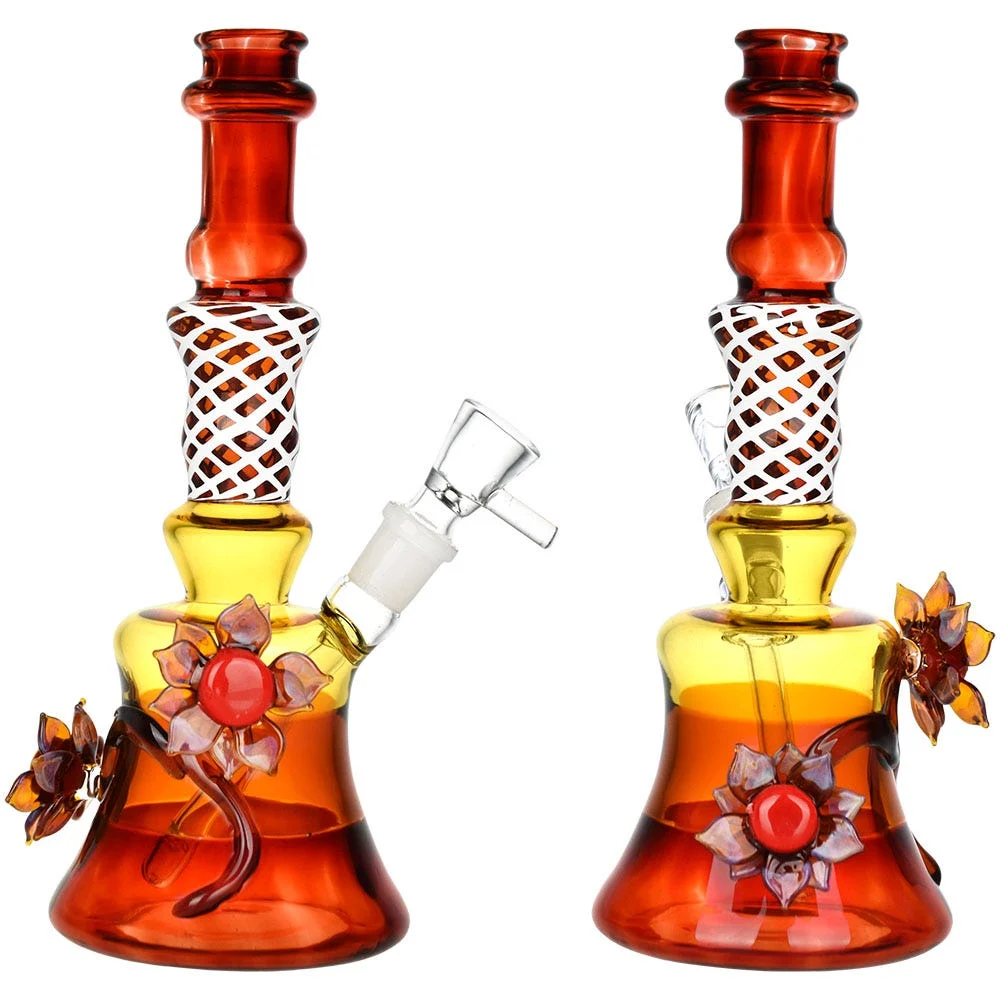 Amber Autumn Flower Glass Water Pipe | 8.5" | 14mm F - New