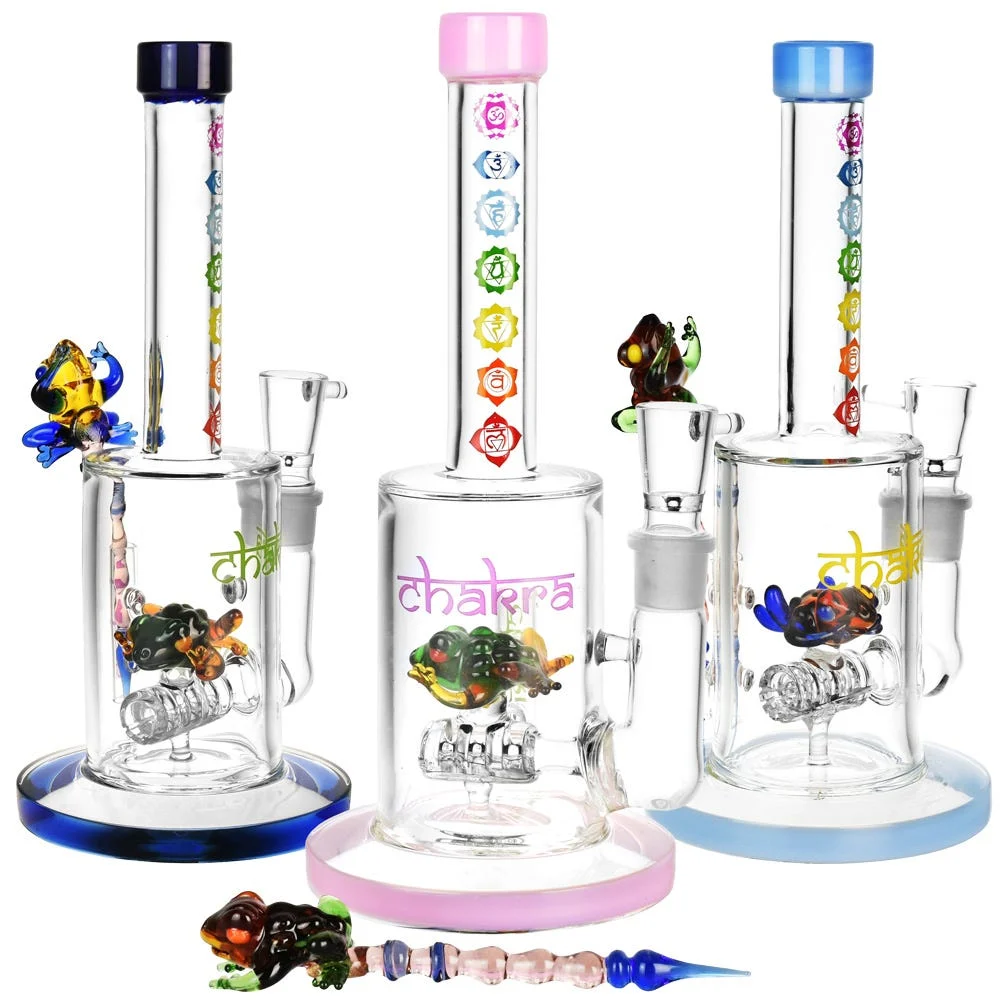 Chakra Frog Glass Water Pipe & Stir Tool | 9" | 19mm F | Colors Vary - New