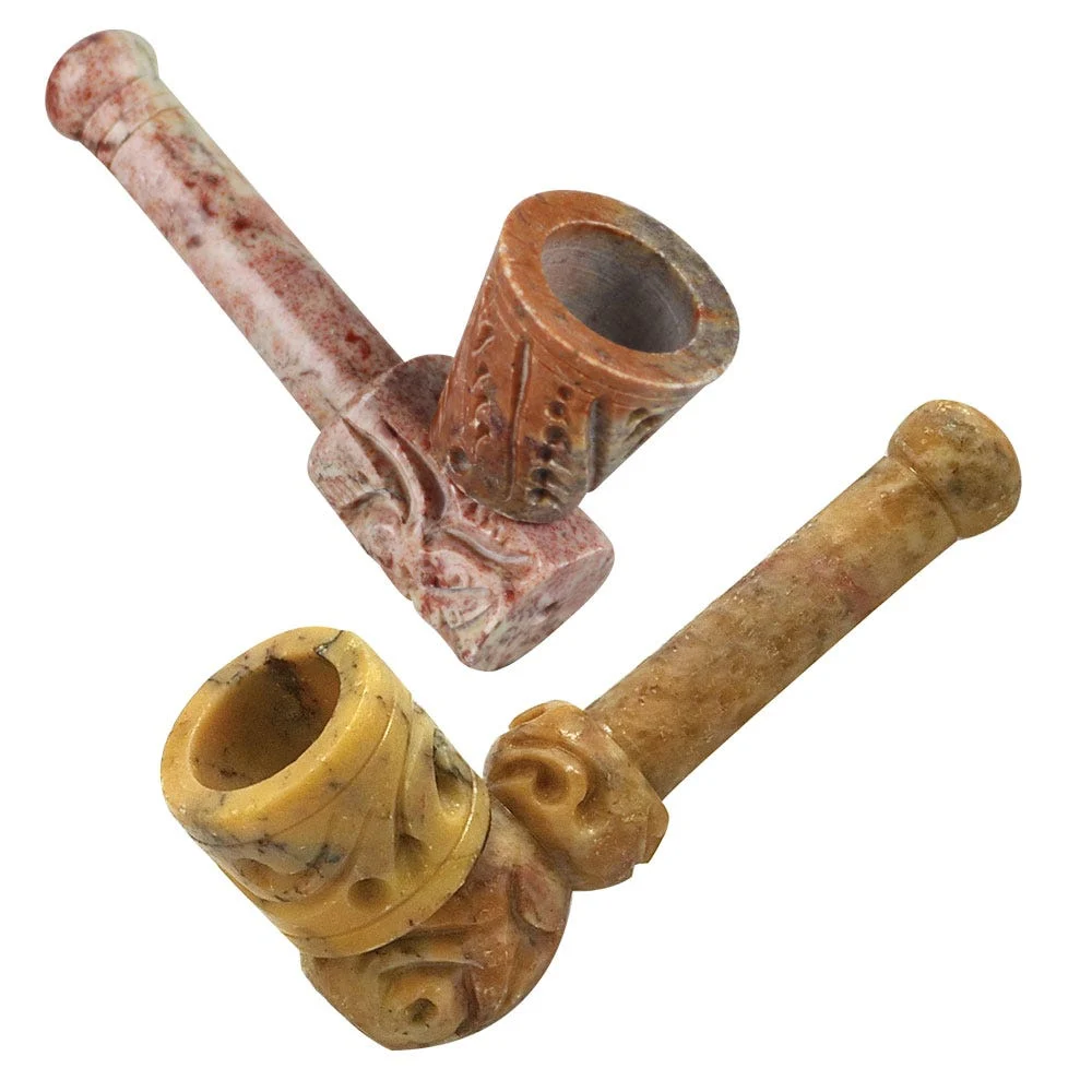 Straight Chimney Carved Stone Hand Pipe | 3.5" | Assorted Styles | 6ct Bundle - New