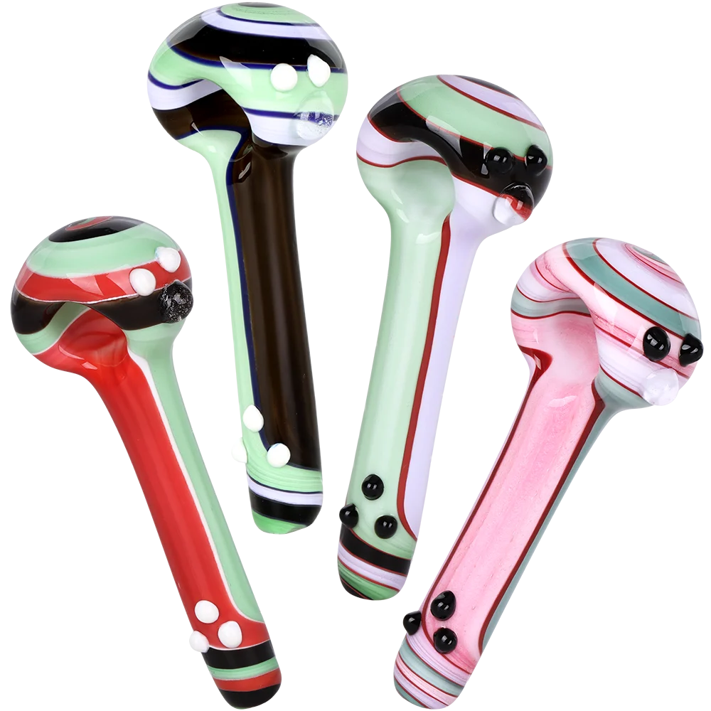 Cream Stripes with Marbles Glass Spoon Pipe | 4.75" | Assorted Colors | 4ct Bundle - New