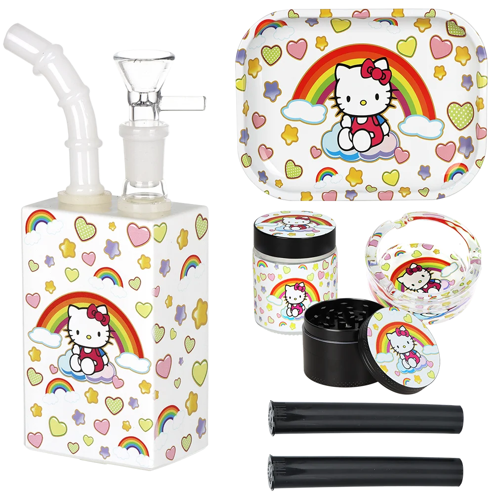 Cute Kitty Juicebox Glass Water Pipe Smoker's Travel Kit | Rainbow Kitty | 7" | 14mm F - New
