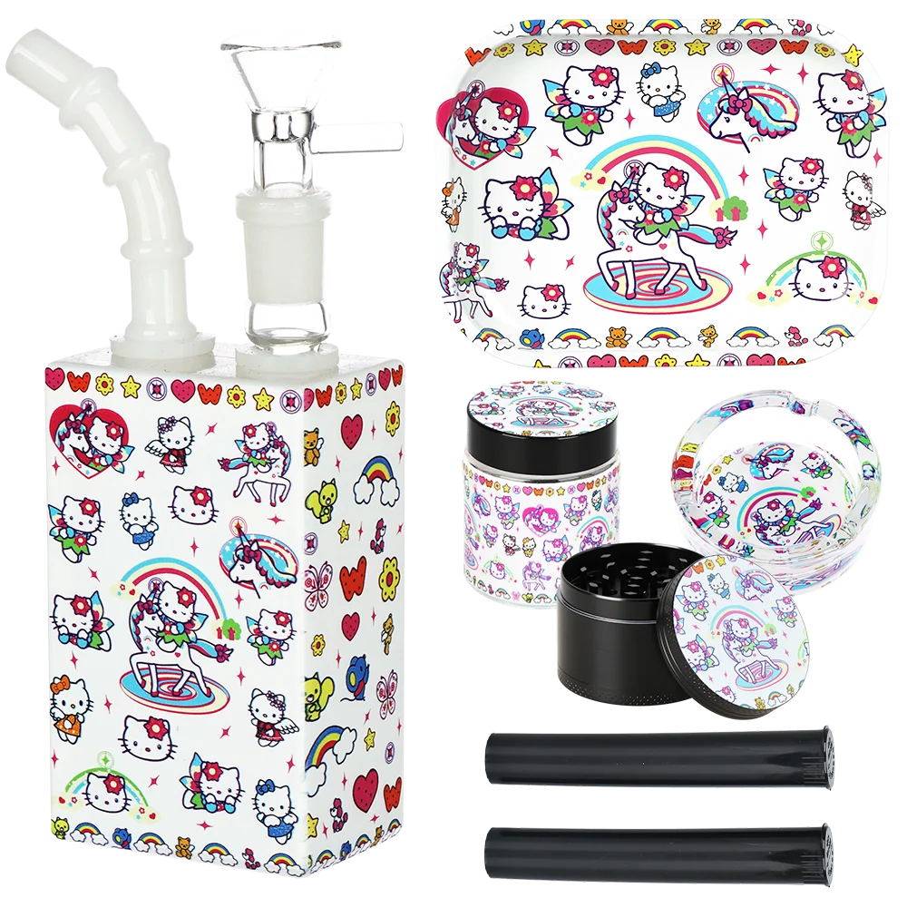 Cute Kitty Juicebox Glass Water Pipe Smoker's Travel Kit | Unicorn Kitty | 7" | 14mm F - New