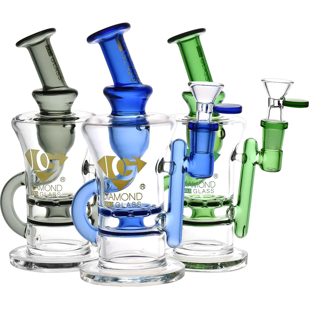 Diamond Glass Gold Ratchet Perc Recycler Water Pipe | 8" | 14mm F | Colors Vary - New