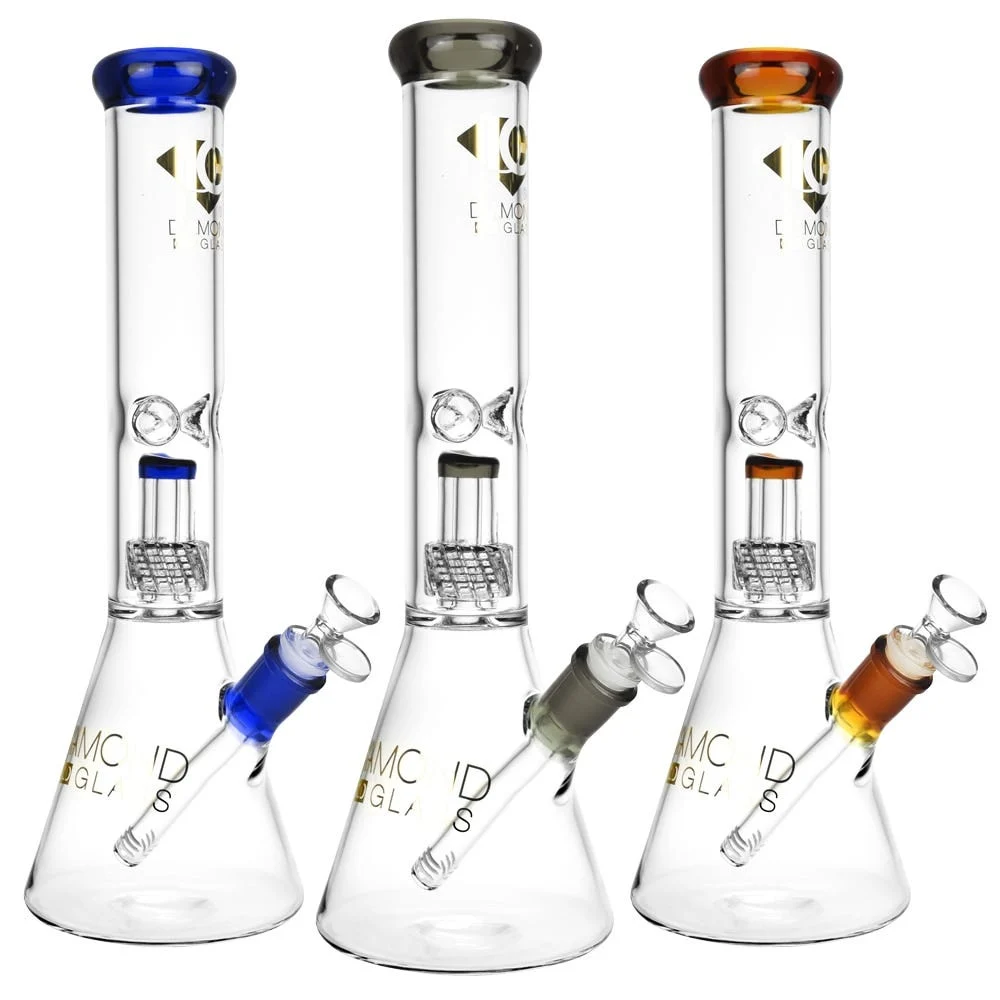 Diamond Glass Gold Warp Water Pipe | 14.5" | 14mm F | Colors Vary - New
