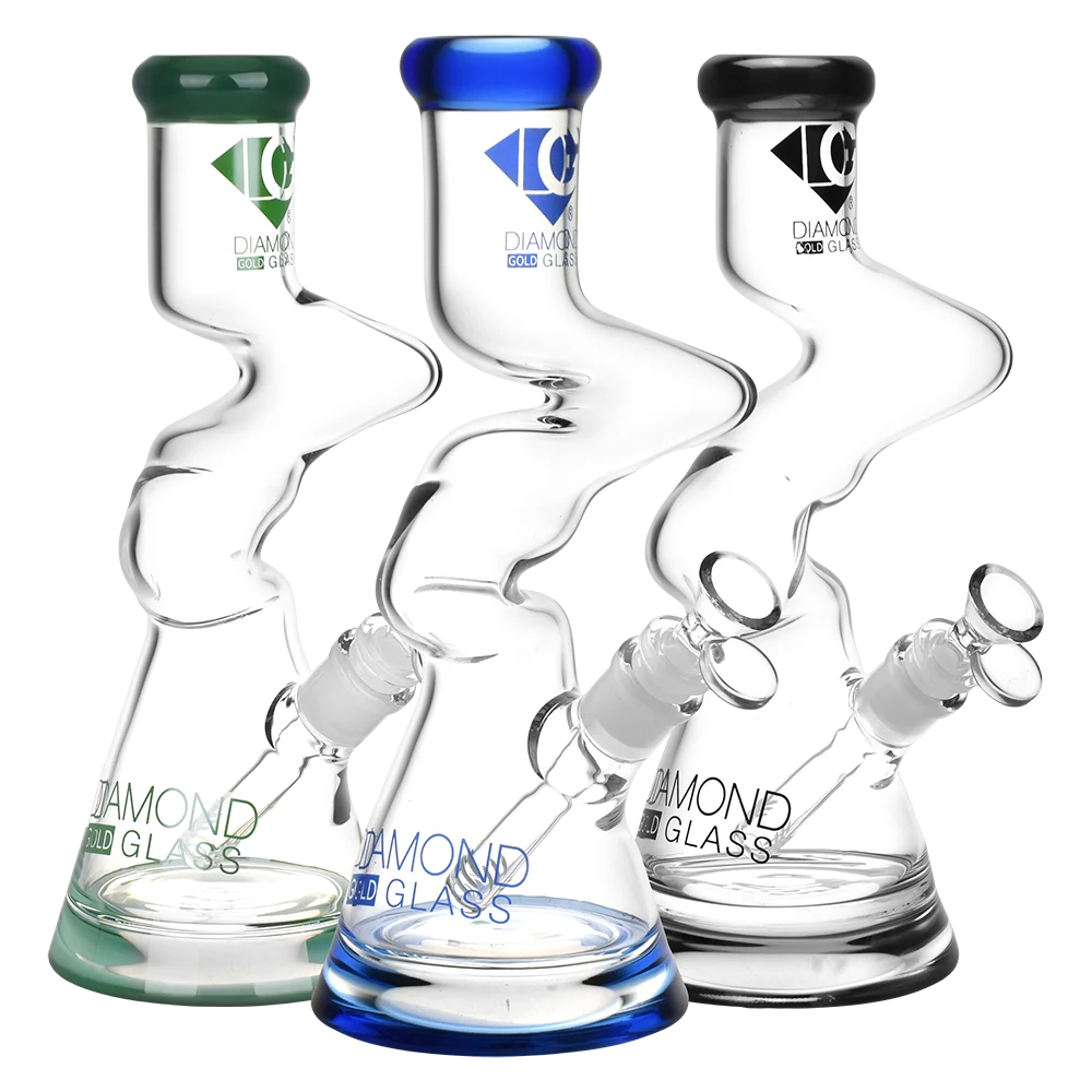 Diamond Glass Gold Zong Beaker Water Pipe | 10" | 14mm F | Colors Vary - New