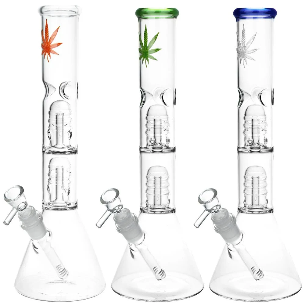 Double Stacked Hemp Leaf Glass Beaker Water Pipe | 12" | 14mm F | Colors Vary - New