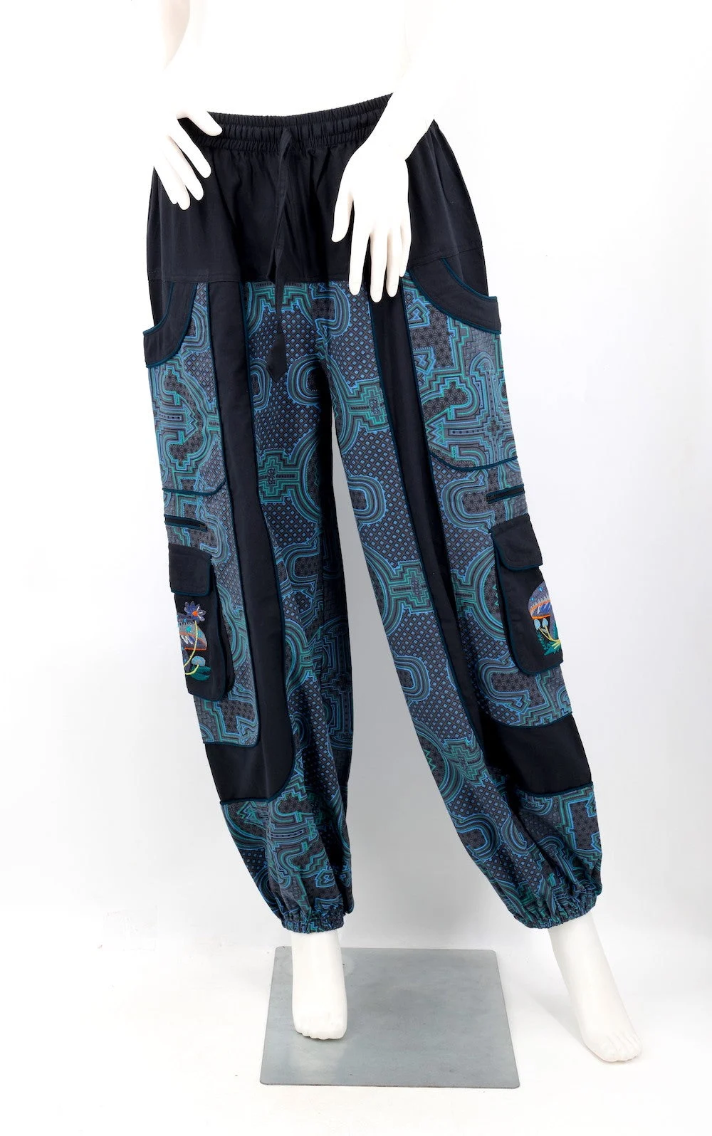 Geometric Tile Print Harem Cargo Pants with Mushroom Embroidery in Blue - HIMALAYA HANDMADE LLC