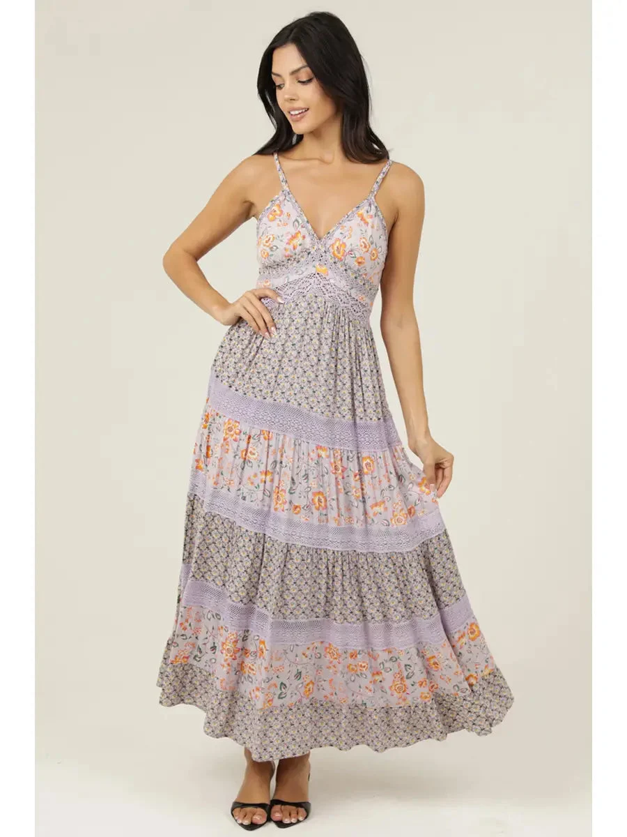 Lavender Mist Mixed Floral Maxi Dress - Angie (Star of India Fashions, Inc.)
