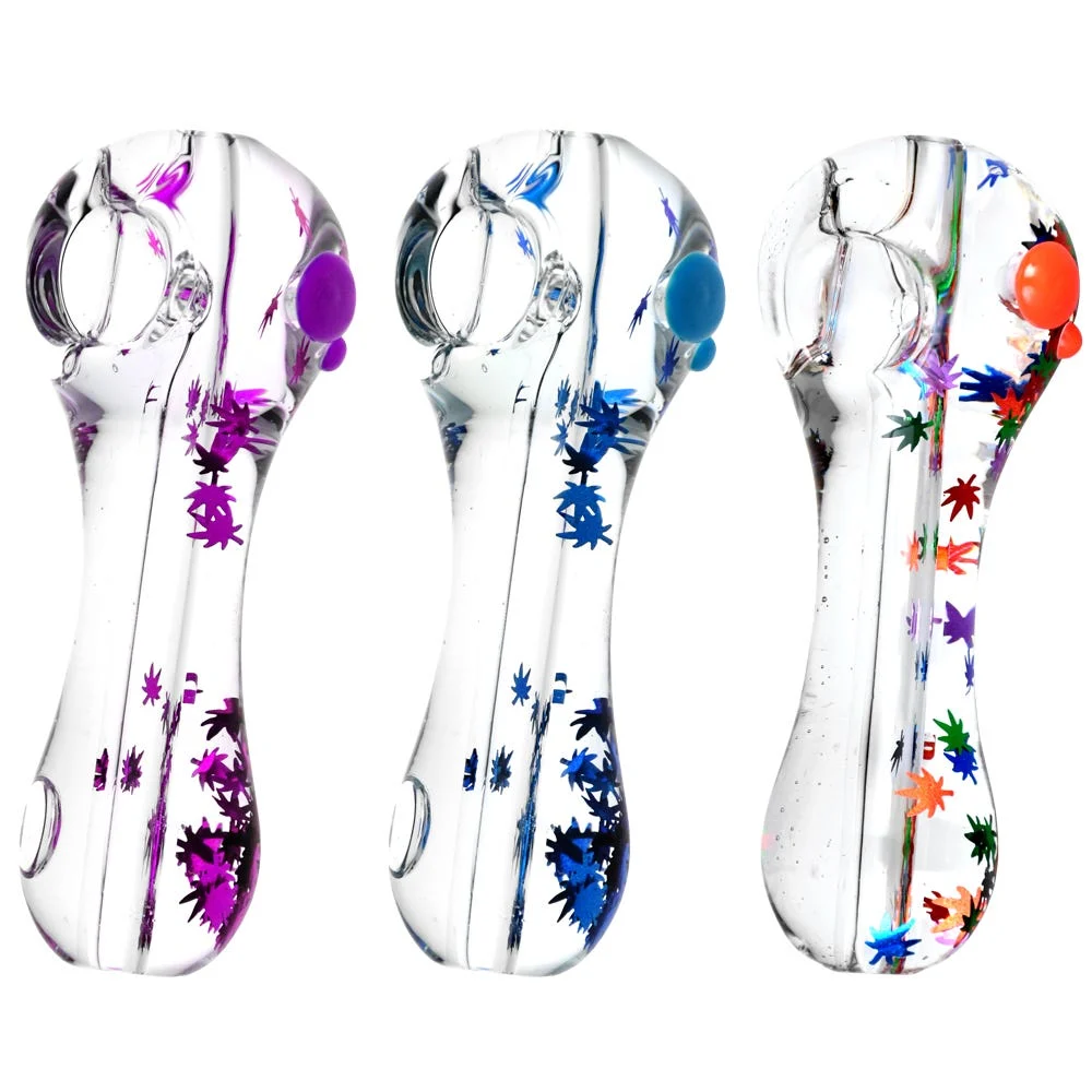 Hemp Leaf Glitter Glycerin Glass Spoon Pipe | 4.5" | Colors Vary - New