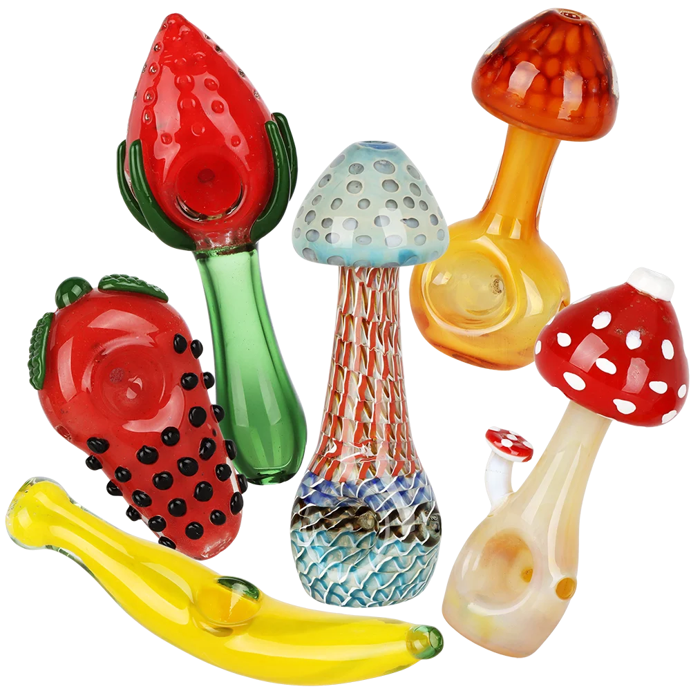 Fruit of the Shrooms Deluxe Glass Hand Pipe | Assorted Sizes & Styles | 6ct Bundle - New