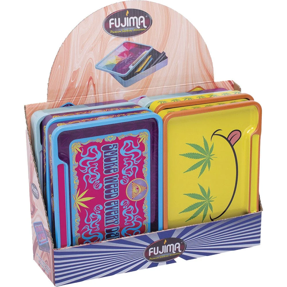 Fujima Leaf Metal Rolling Tray Stash Box | 8"x5.75" | Assorted Designs | 6ct Display - New