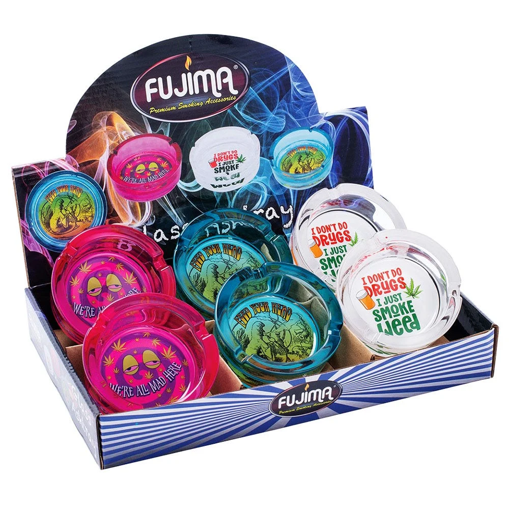 Fujima Sayings Glass Ashtray | 3.5" | Assorted Styles | 6ct Display - New