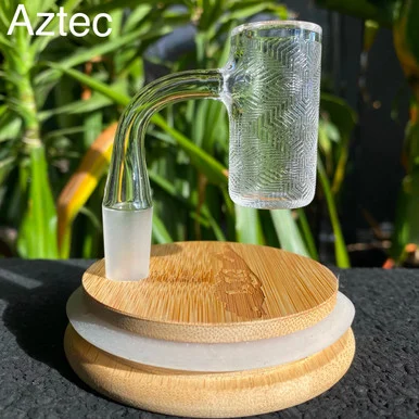 Aztec Etched Beveled Edge Quartz Banger: 14mm Male 90 Degree - Long Island Quartz
