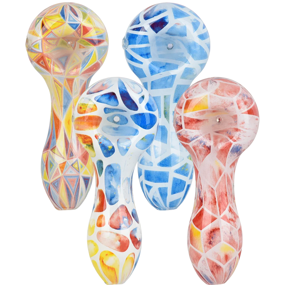 SeshGear Geometric Colorful Print Glass Spoon Pipe | 3.75" | Assorted Colors | 4ct Bundle - New
