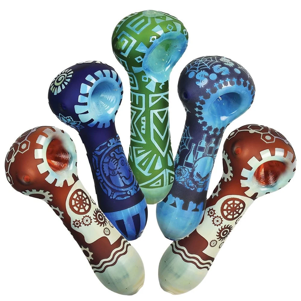 Geometric Culture Frosted Glass Spoon Pipe | 4" | Assorted Colors & Designs | 5ct Bundle - New