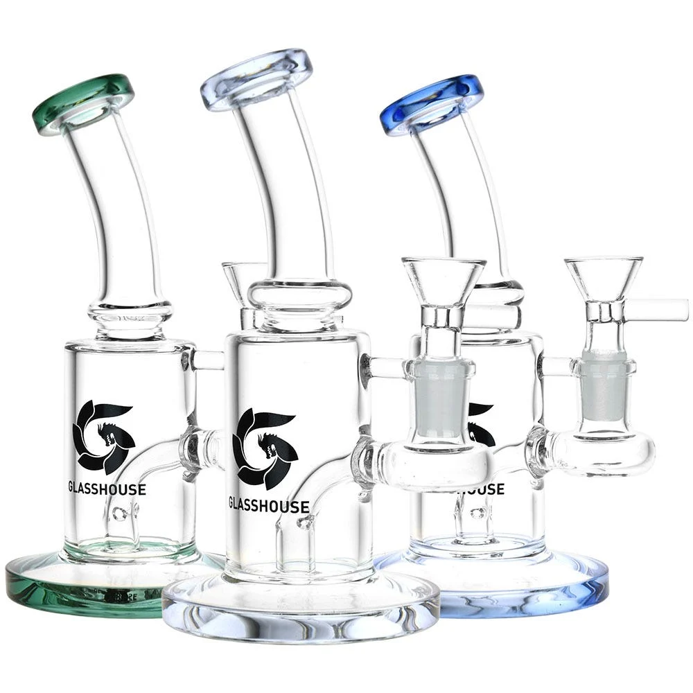 Glass House Bent Neck Glass Water Pipe | 6.75" | 14mm F | Colors Vary - New