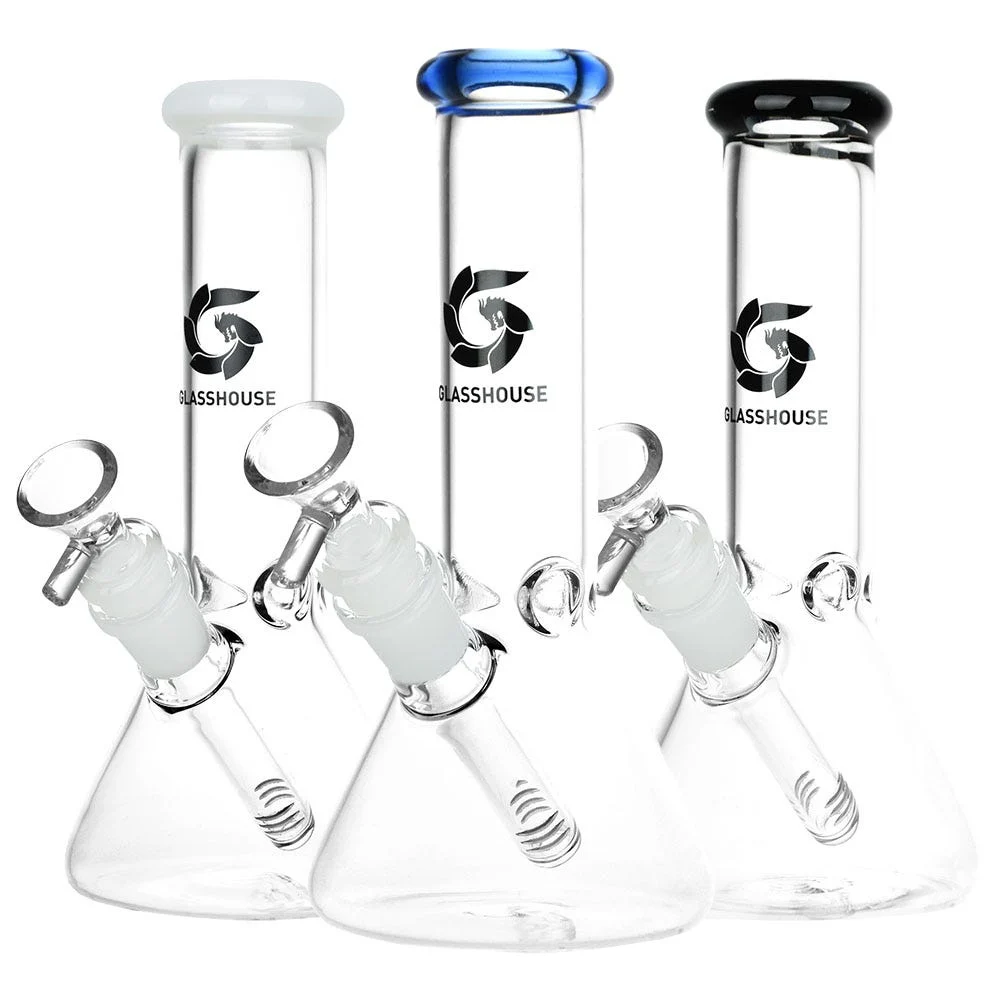 Glass House Pinched Beaker Glass Water Pipe | 7.75" | 14mm F | Colors Vary - New