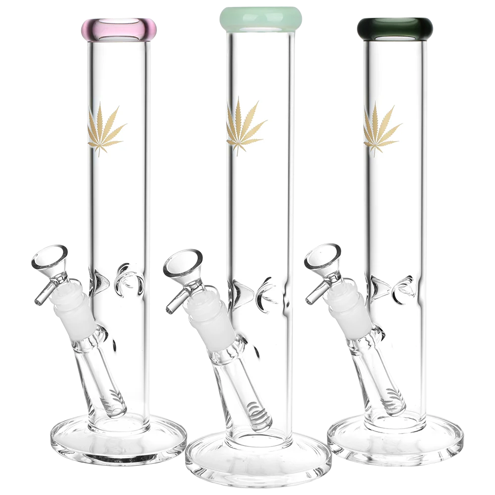 Gold Hemp Leaf Straight Tube Glass Water Pipe | 12" | 14mm F | Colors Vary - New