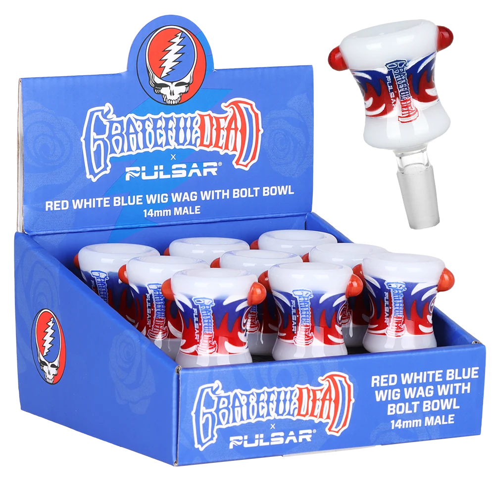 The Grateful Dead x Pulsar Bolt Red White Blue Wig Wag Herb Slide | 14mm M | 9ct Display - New