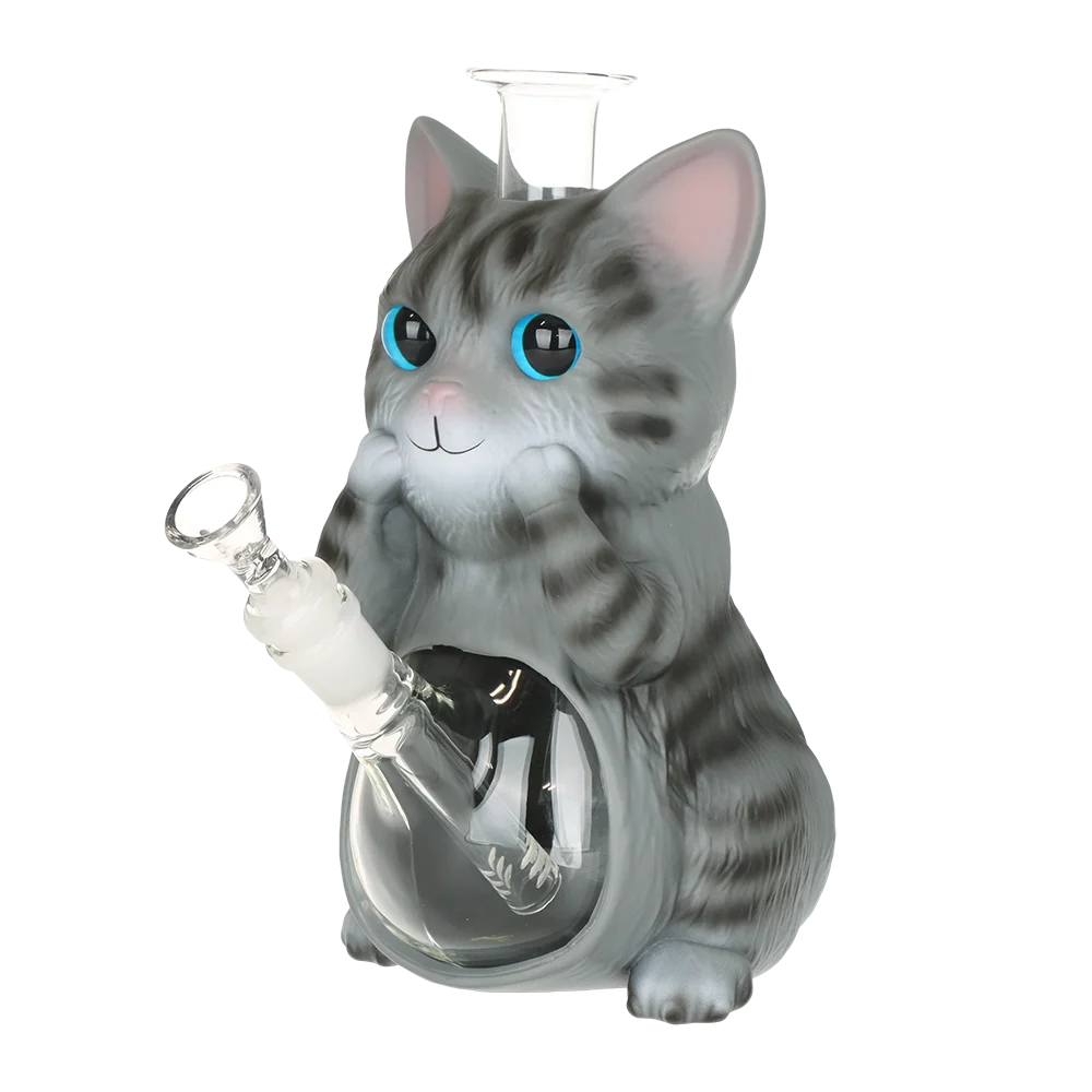 Gray Tabby Cat Glass & Vinyl Water Pipe | 9" | 14mm F - New