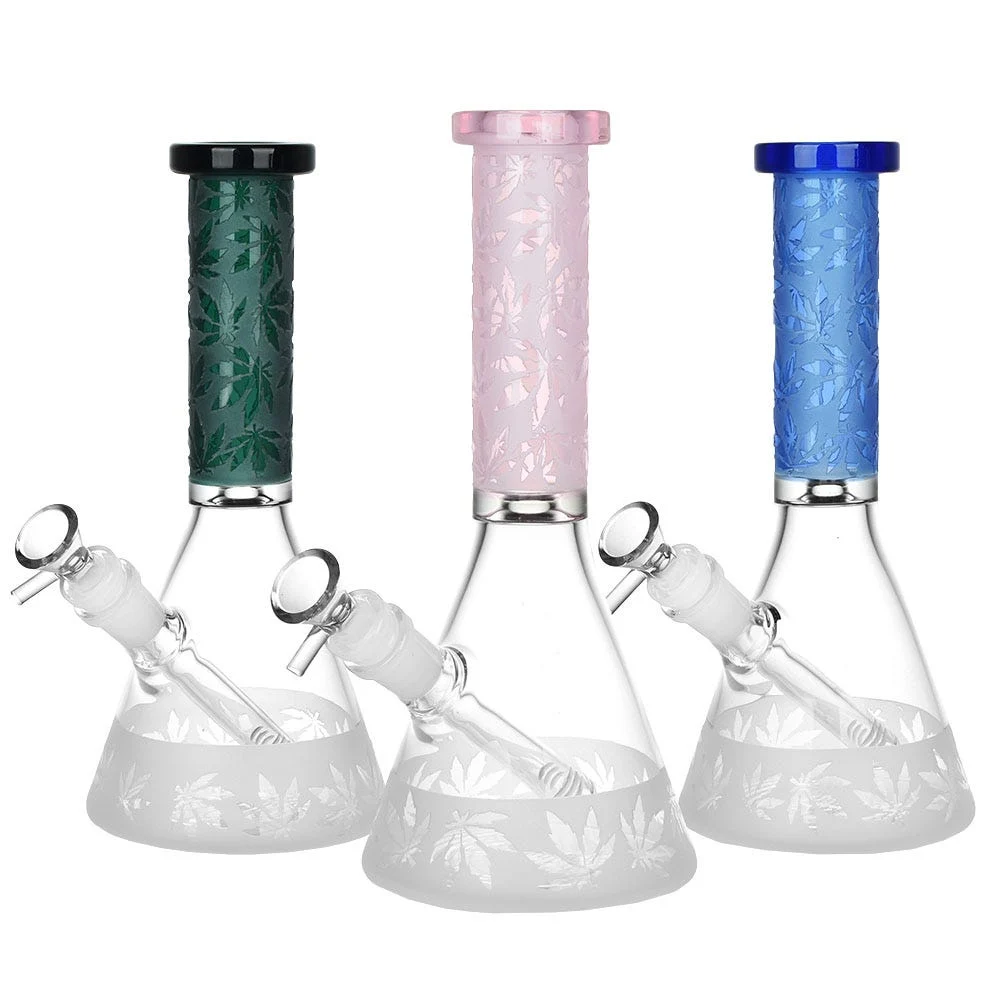 Harmonic Hemp Leaf Glass Beaker Water Pipe | 9.5" | 14mm F | Colors Vary - New