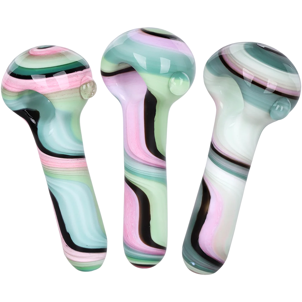 Heady Ribbons with Marble Glass Spoon Pipe | 4" | Assorted Colors | 3ct Bundle - New