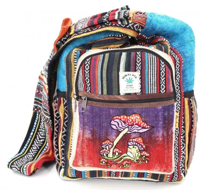 Tie Dyed Hemp Embroidered Frog and Mushroom Crossbody Bag - HIMALAYA HANDMADE LLC