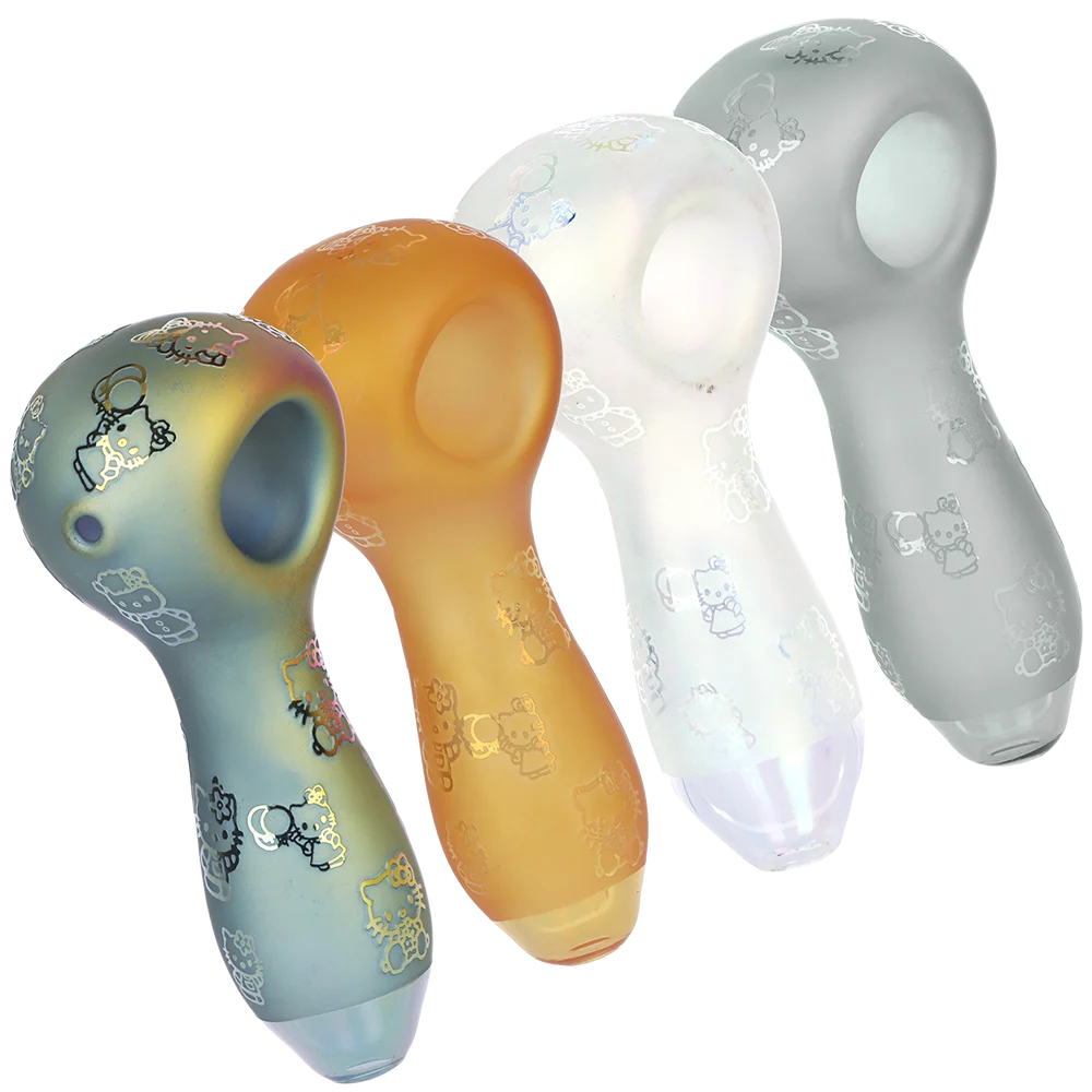 Hiya Cat Electroplated Etched Glass Spoon Pipe | 4" | Assorted Colors | 4ct Bundle - New
