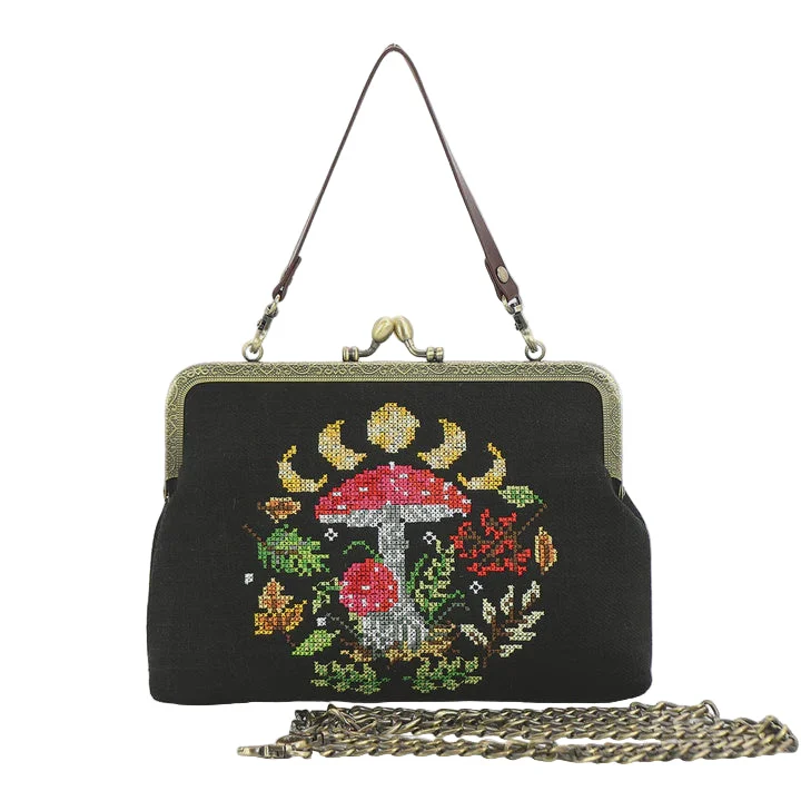 Moon Phases Mushroom Kisslock Bag in Black - COMECO INC.