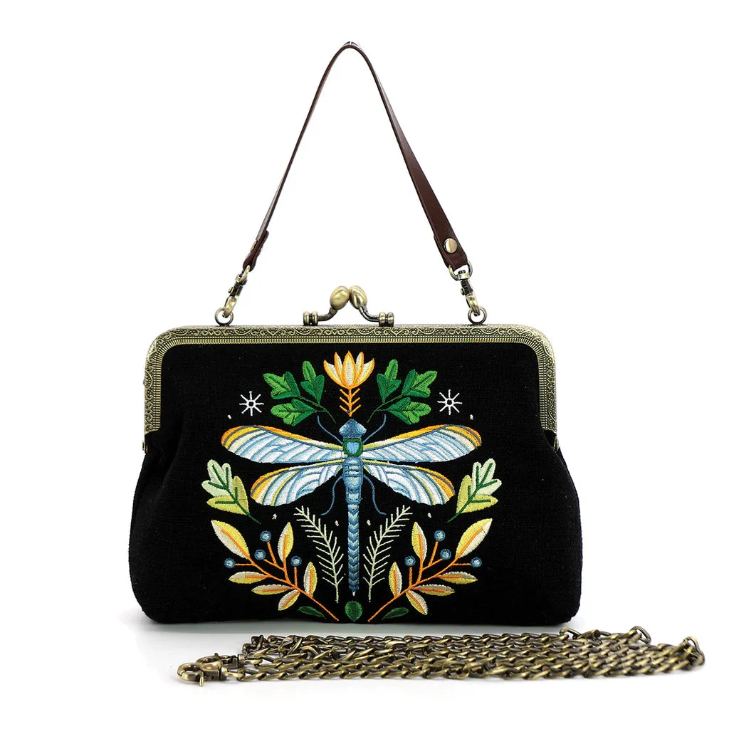 Dragonfly Vintage Kisslock Bag in Black - COMECO INC.