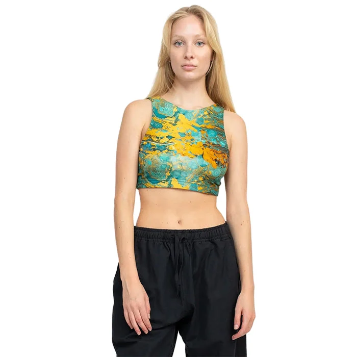 Psychedelic Marble Hi Neck Yoga Top in Turquoise - Lakhays Collection Inc.