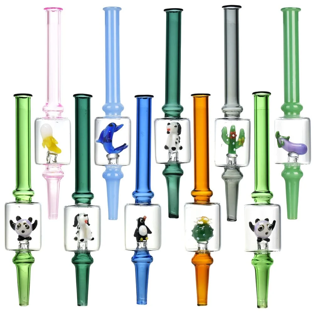 Mini Figurine Glass Dab Straw | Integrated Tip | 6.5" | Assorted Designs | 10ct Bundle - New