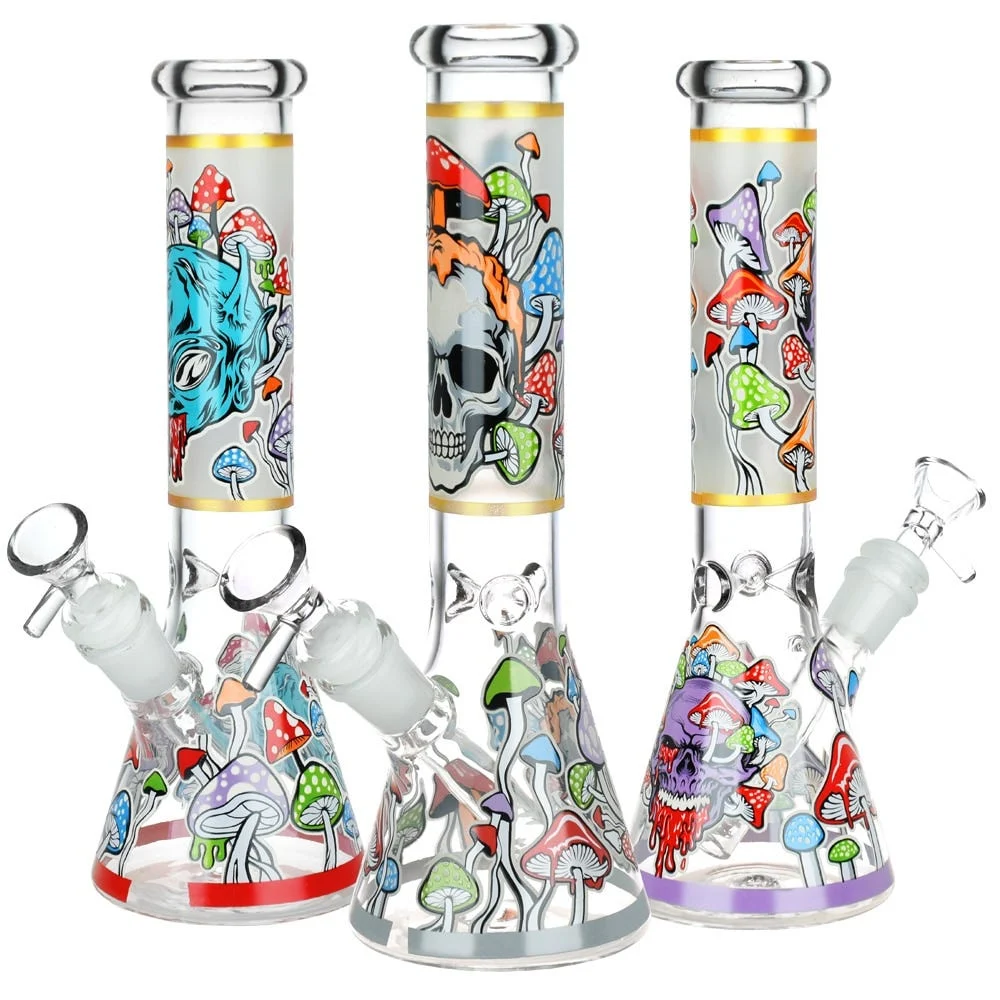Monsters And Shrooms Glow Glass Beaker Water Pipe | 10" | 14mm F | Designs Vary - New