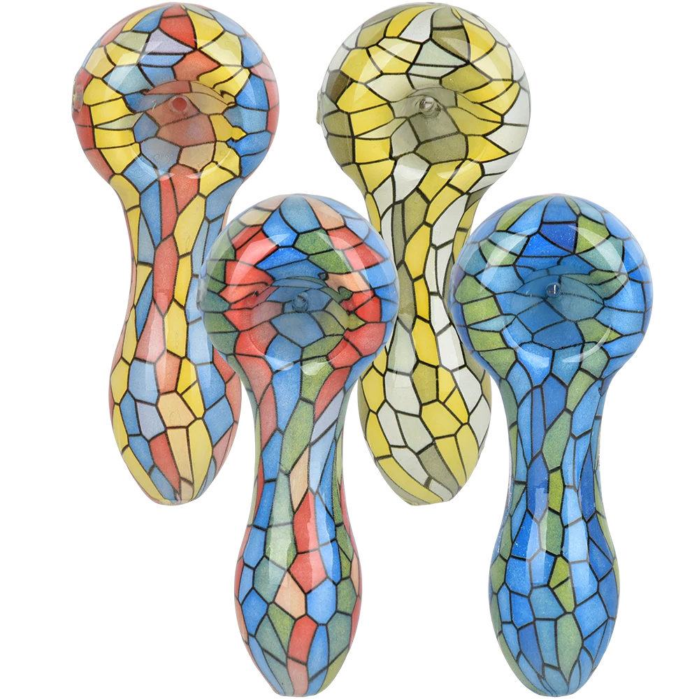 Mosaic Colorful Print Glass Spoon Pipe | 3.75" | Colors Vary - New