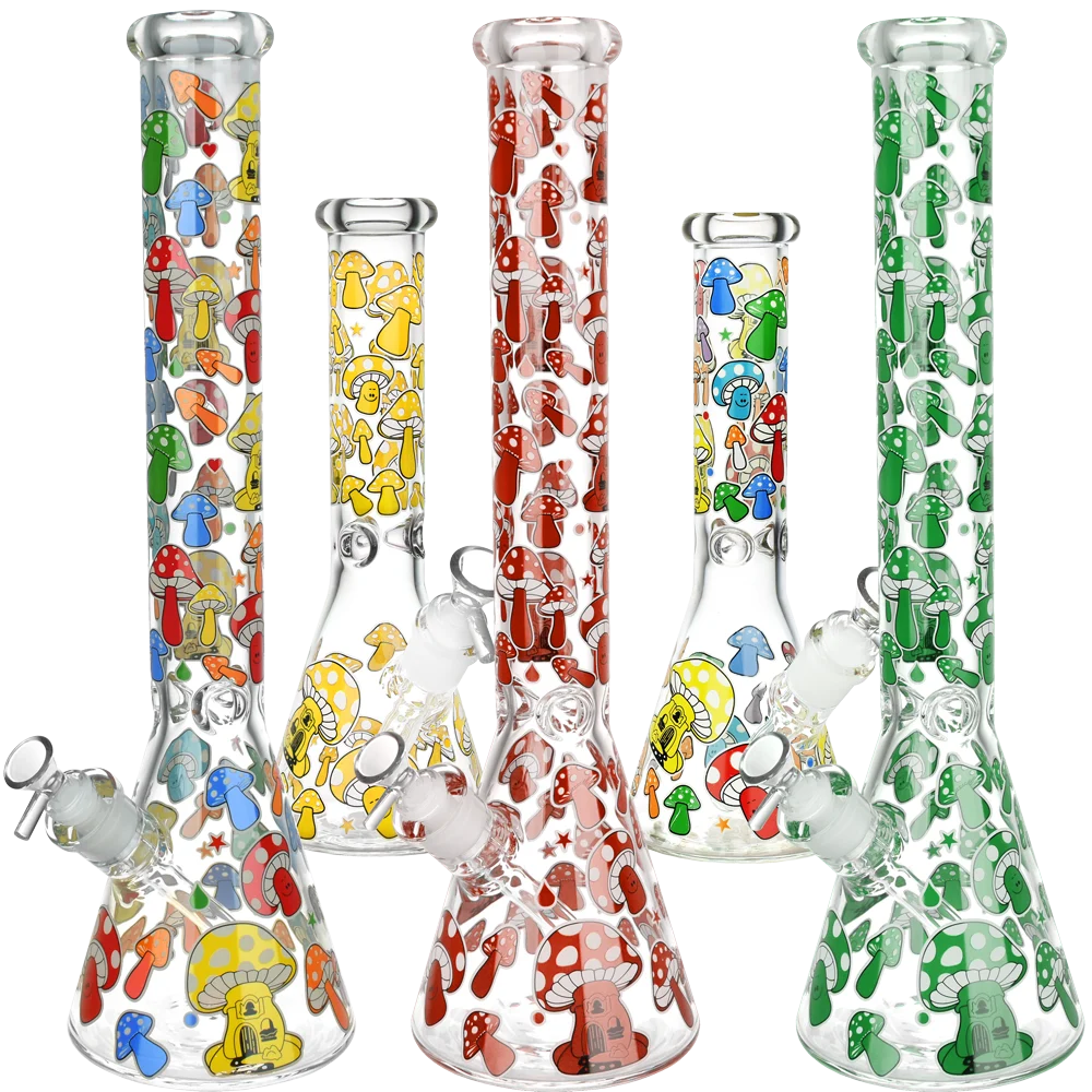 Mushroom Pattern Glass Beaker Water Pipe | 10" | 14mm F | Colors Vary - New
