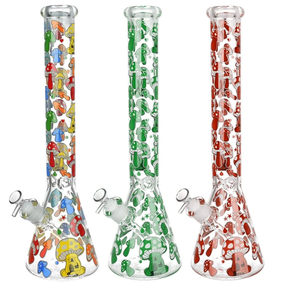 Mushroom Beaker Water Pipe | 18" | 14mm F | 7mm Thick | Colors Vary - New