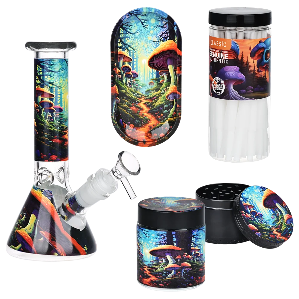 Mushroom Forest Glass Beaker Water Pipe Smoking Set | 7.75" | 14mm F - New