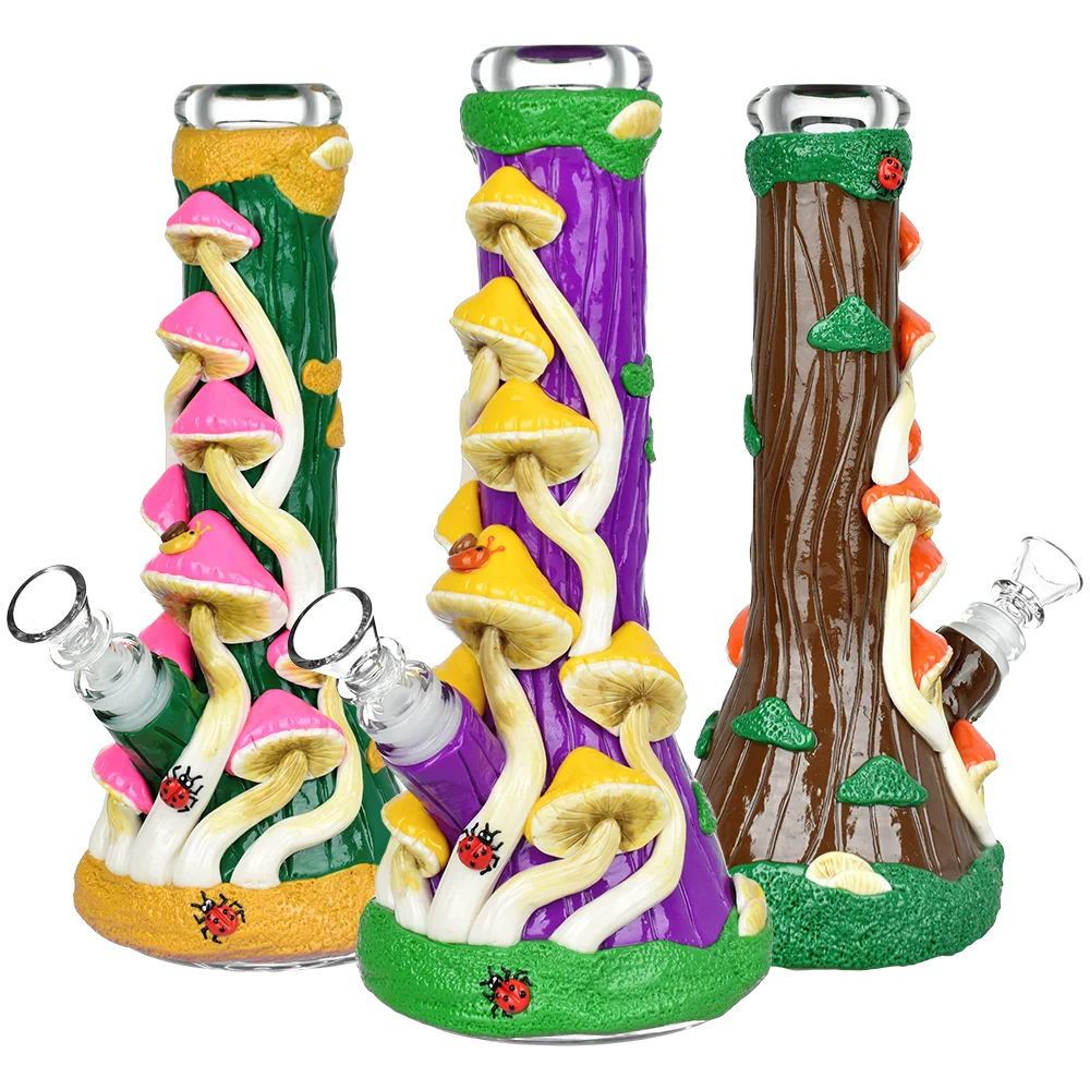 Mushroom Madness Glow In The Dark Glass Beaker Water Pipe | 10" | 14mm F | Colors Vary - New